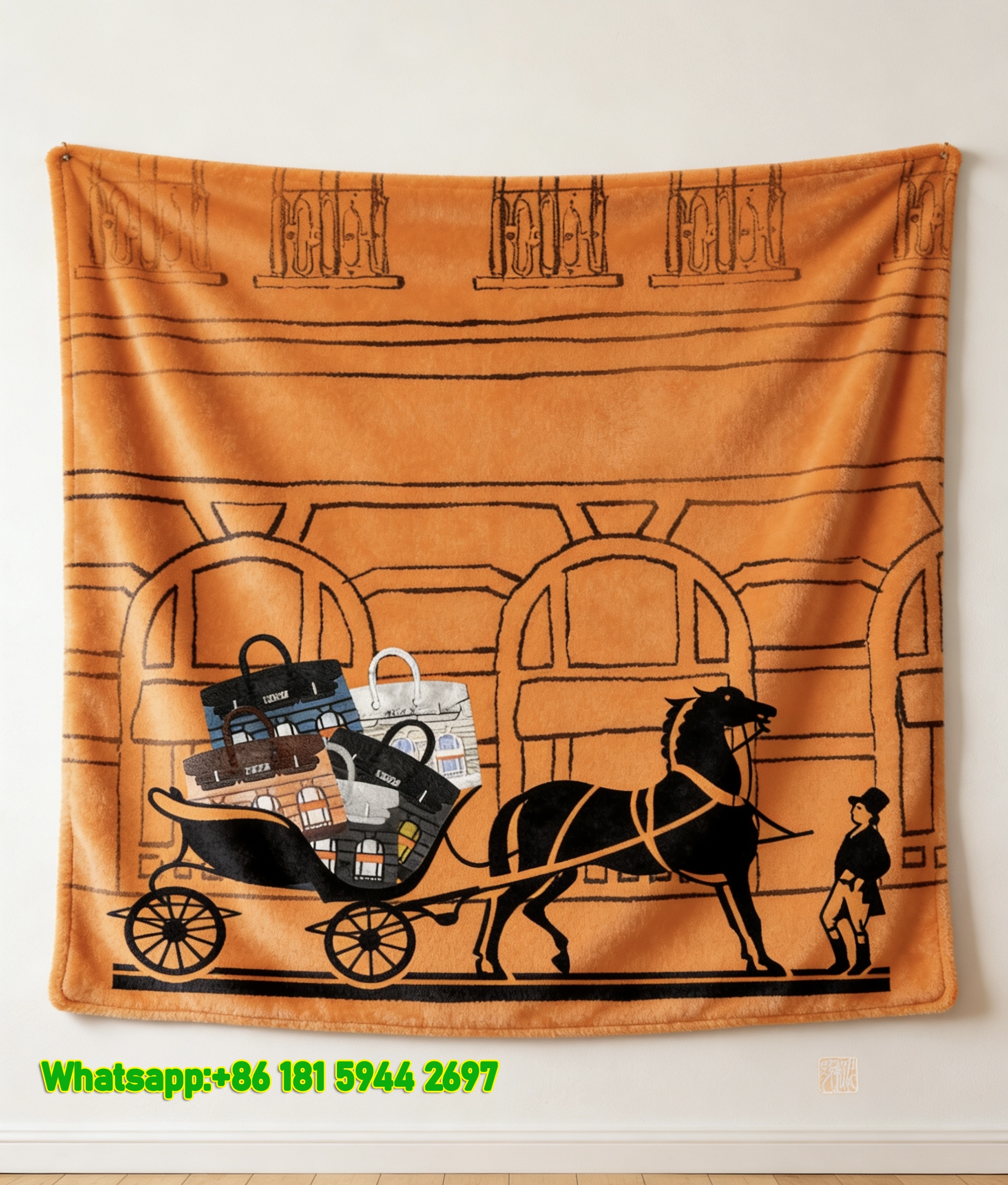 Hermes Vintage Horse Carriage & Designer Bags Flannel Throw Blanket IMG_5480